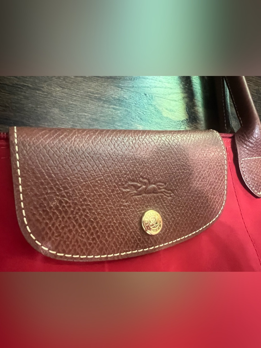 Longchamp Le Pliage Large Red Nylon Tote Bag Brown Leather Handles - Picture 2 of 8